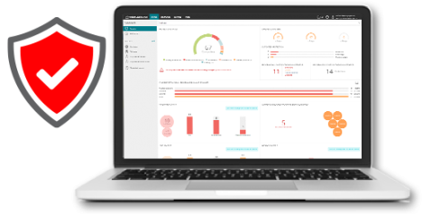 Laptop showing the WatchGuard security dashboard with a red shield check-mark icon
