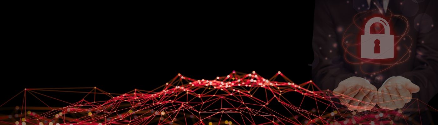 Glowing red network nodes with a padlock icon, RED compliance cybersecurity