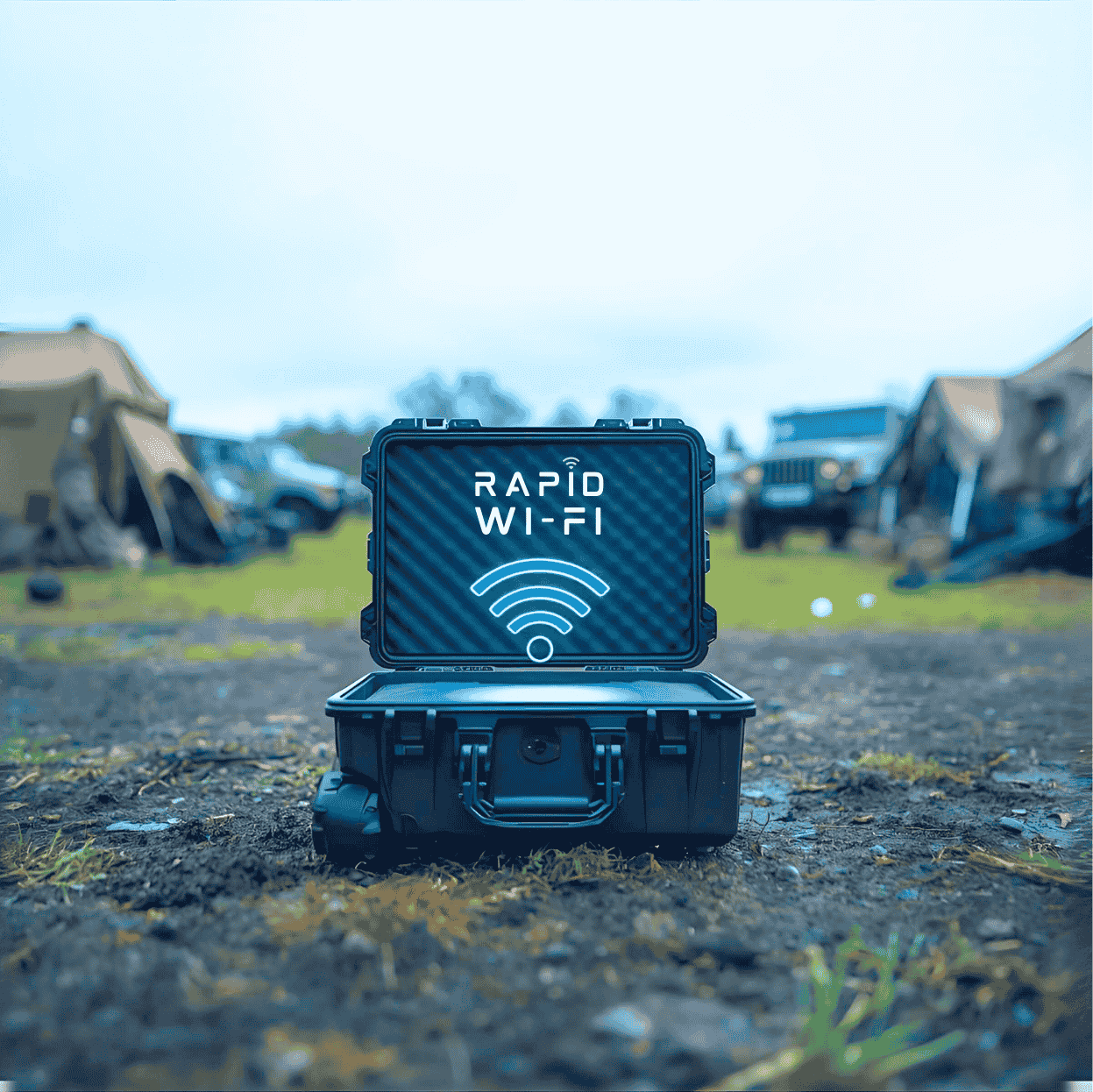 Rapid Wi-Fi rugged case deployed on the ground at a military field camp