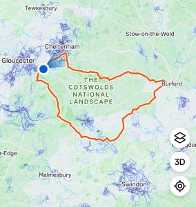 Map of the Tour de BT day one cycling route through the Cotswolds from Gloucester