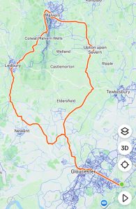 Map of the Tour de BT day three route from Gloucester through the Malvern Hills