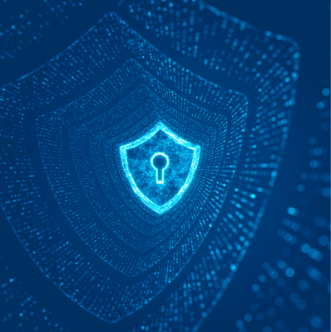 Glowing shield with padlock icon on a digital background, security and monitoring