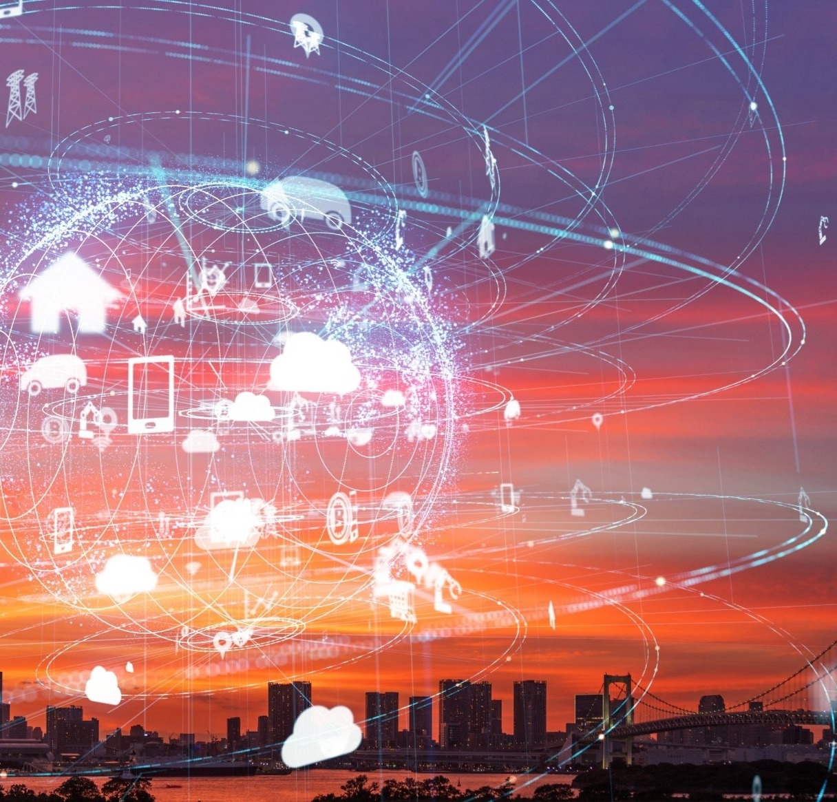 City skyline at sunset with IoT connection icons overlaid
