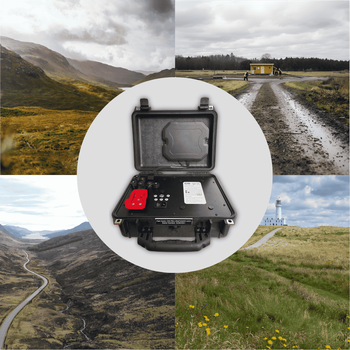 Rapid Wi-Fi portable network case shown over remote countryside and mountain road scenes